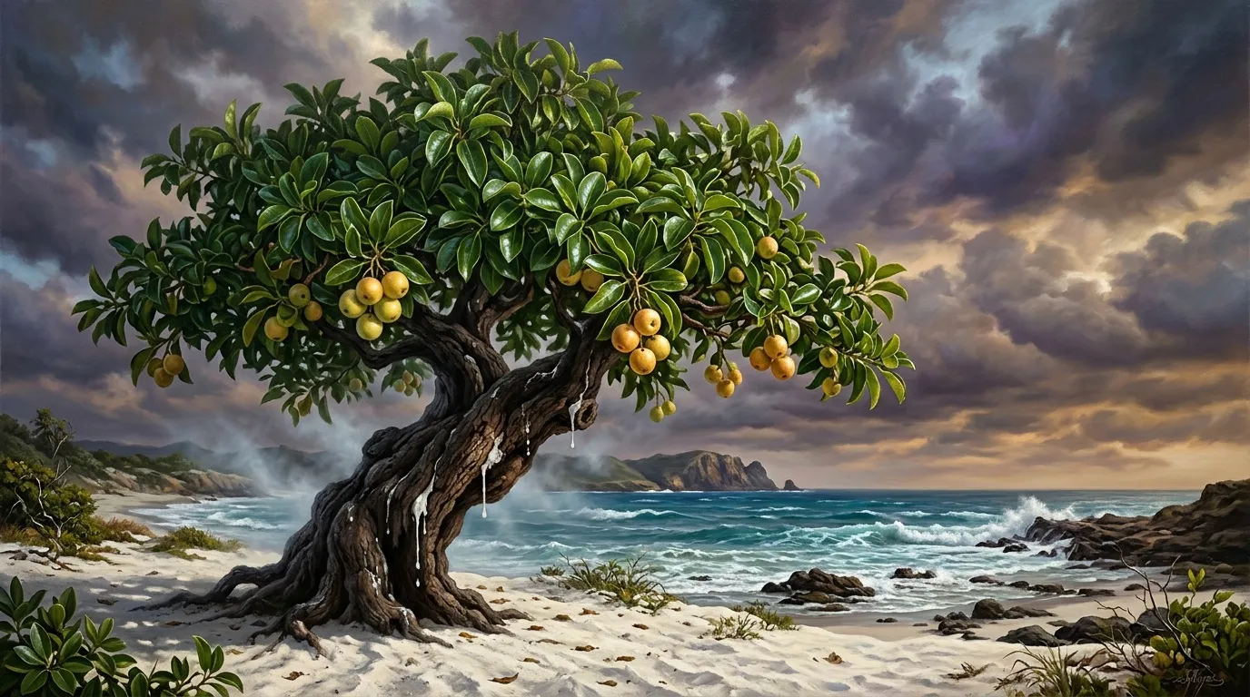 Ancien arbre fruitier doré sur plage rocheuse côtière