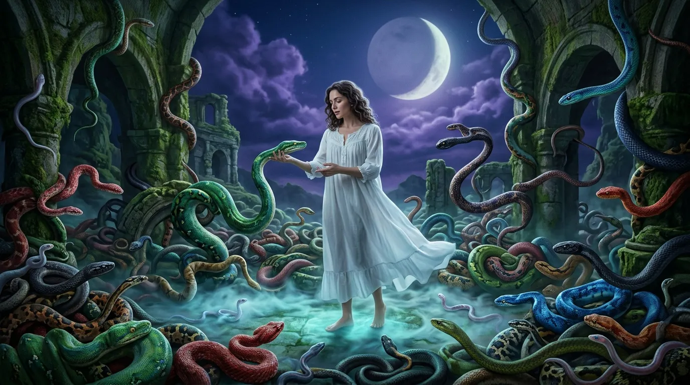 Femme vêtue de blanc entourée de serpents colorés sous la lune