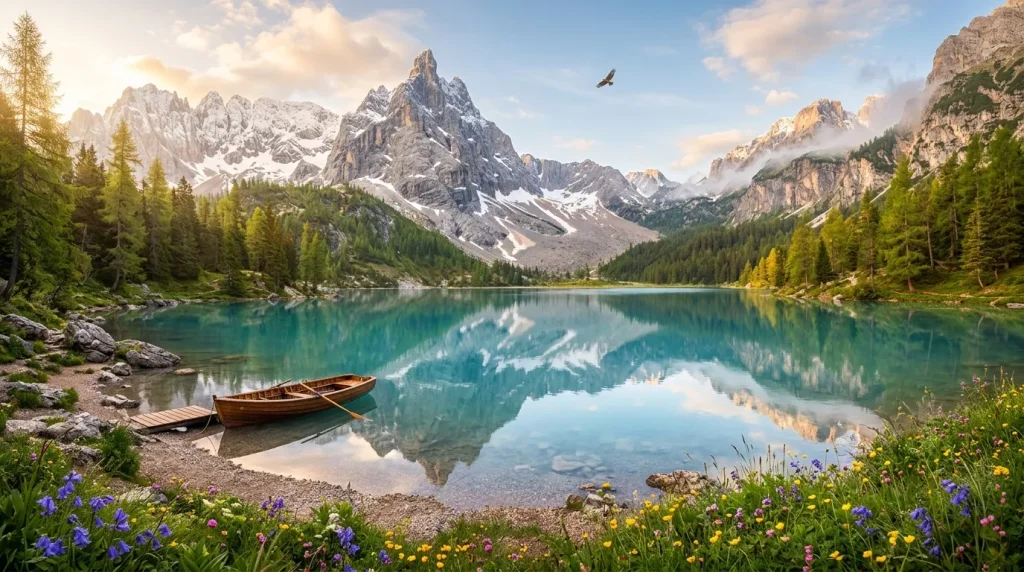 Barque sur lac turquoise entouré de montagnes enneigées