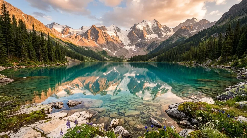 Lac turquoise en montagne reflétant les pics enneigés