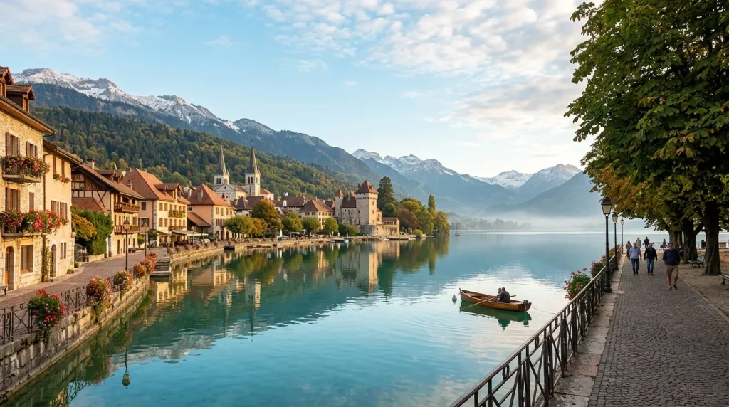 Village lakeside avec montagnes enneigées et château