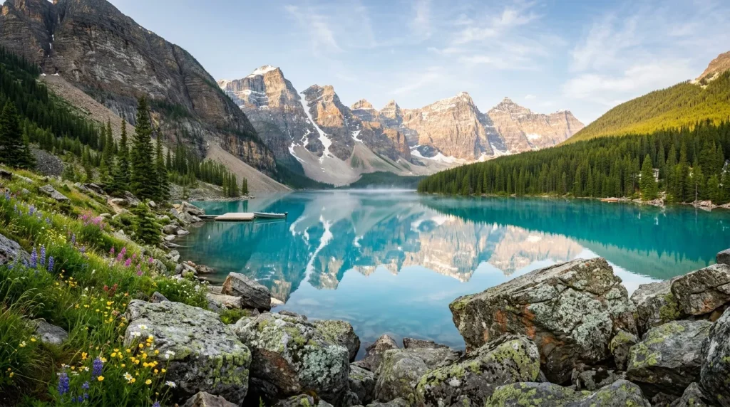 Lac turquoise entouré de montagnes rocheuses et forêts de conifères