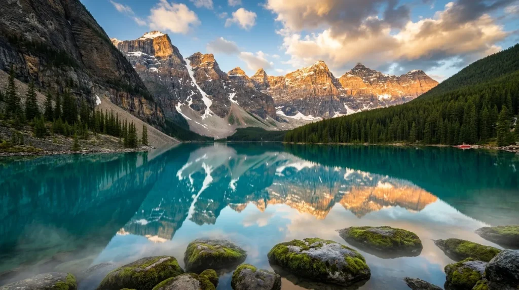 Lac turquoise reflétant montagnes rocheuses enneigées et forêts