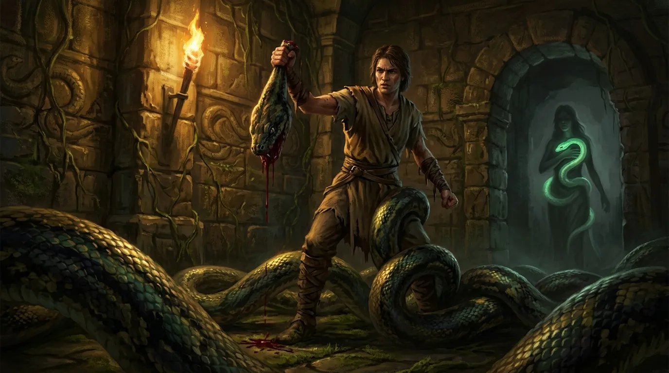 Guerrier tenant une torche face à un serpent géant luminescent