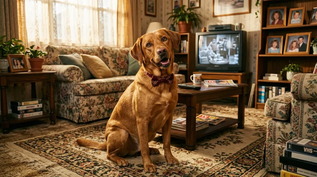 Un Labrador doré assis dans un salon classique et chaleureux