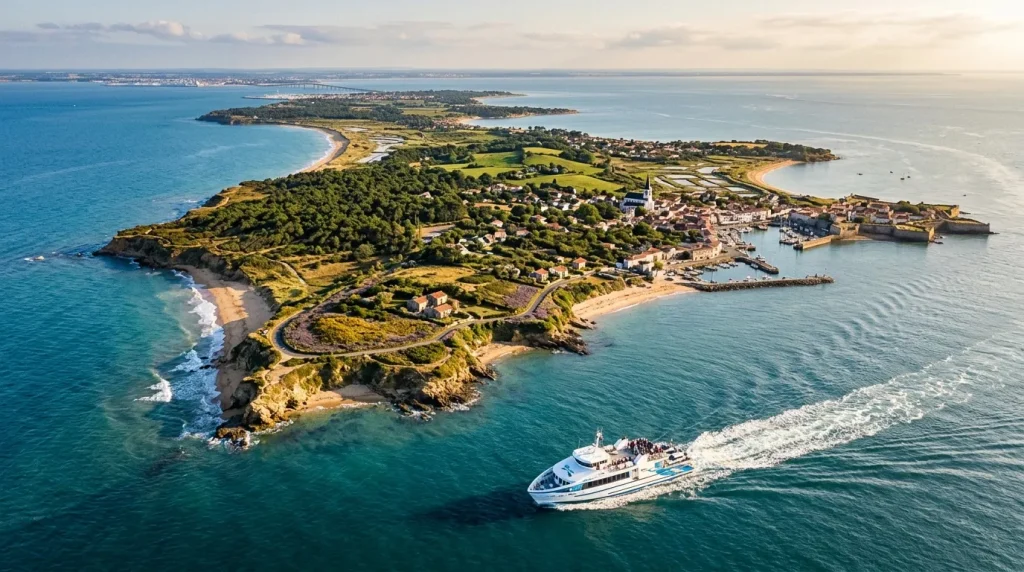 Bateau de croisière naviguant près d'une île côtière verdoyante