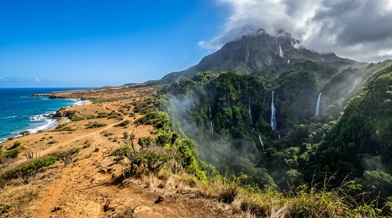 Volcan avec cascades, côte et végétation tropicale luxuriante