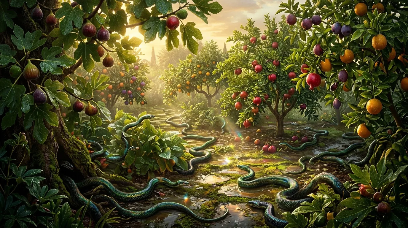 Jardin paradisiaque avec fruits, arbres et serpents verts