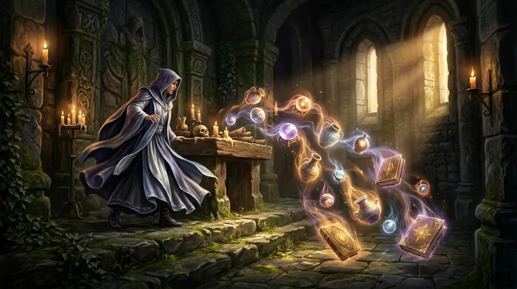 Mage en robe invoquant des sorts lumineux dans un temple antique