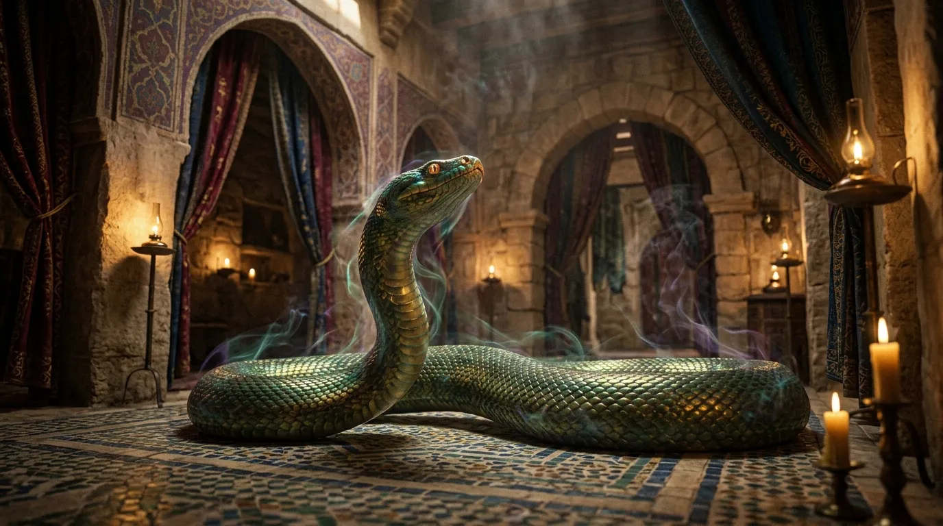 Un serpent vert majestueux dans un palais oriental éclairé aux chandelles