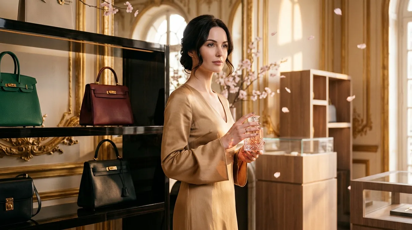 Femme dans boutique de luxe avec sacs à main et parfum
