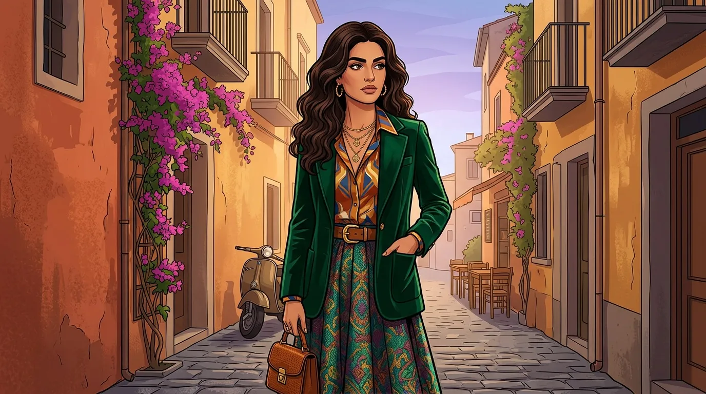 Femme stylée dans ruelle italienne colorée avec vespa