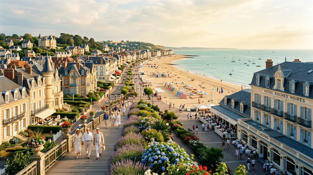 Vue panoramique d'une plage normande avec hôtels Belle Époque et voiliers