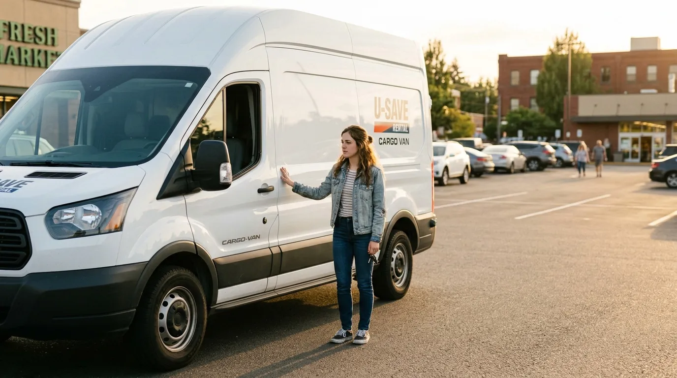 Femme posant devant un cargo van blanc U-Save rental