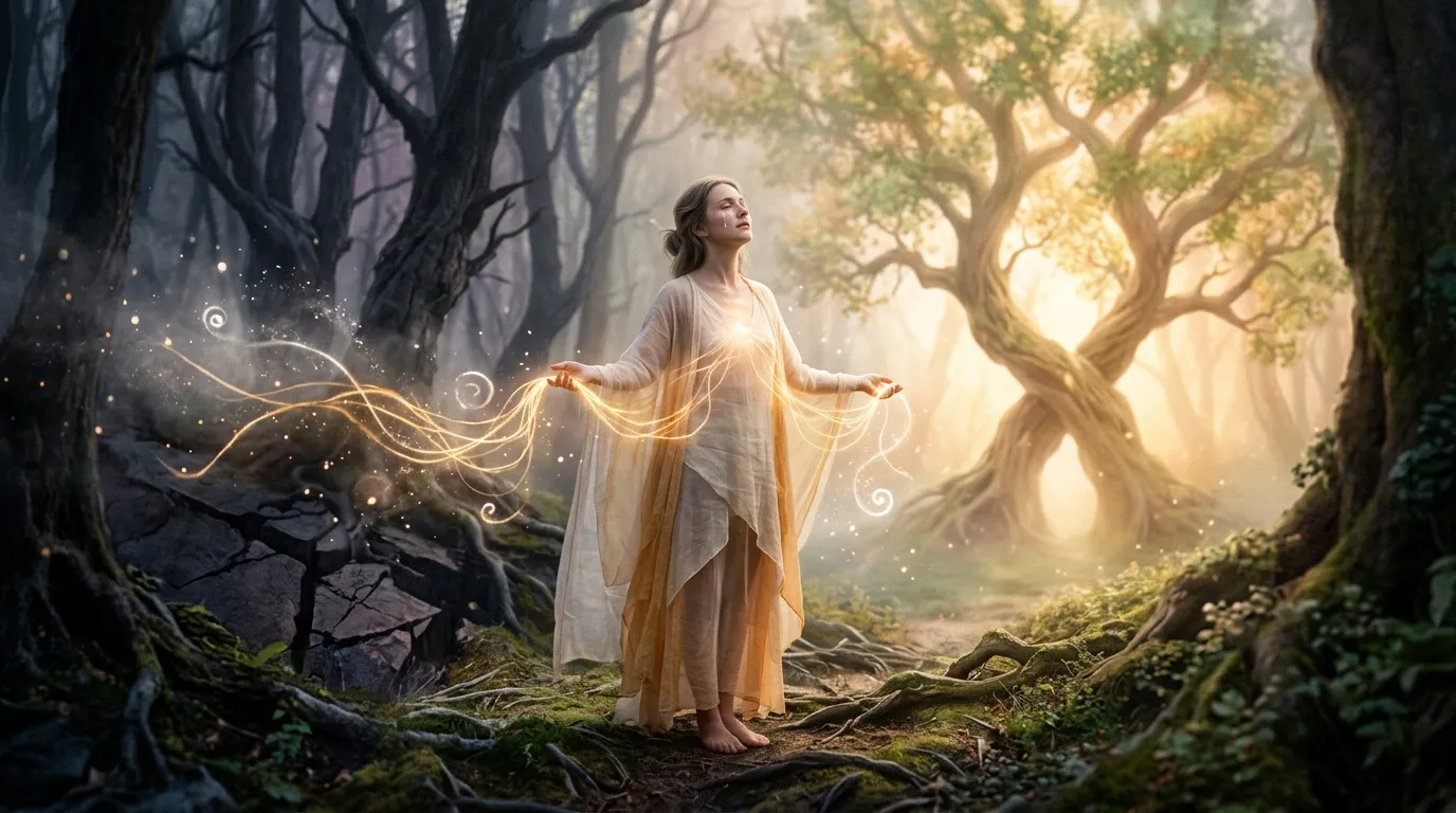 Femme vêtue de blanc avec énergie dorée brillante en forêt mystique