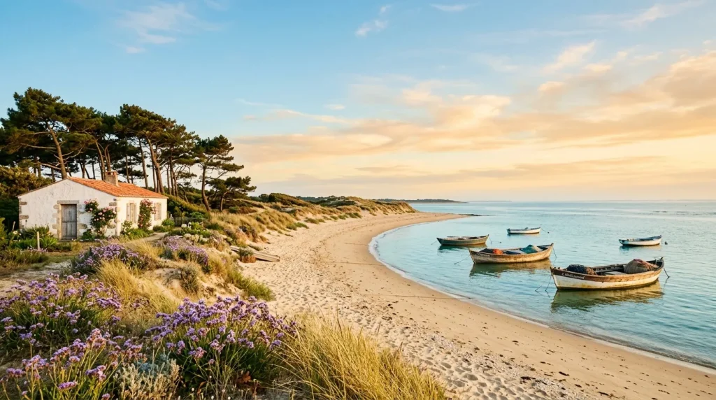 Petite maison blanche sur plage avec barques colorées en mer