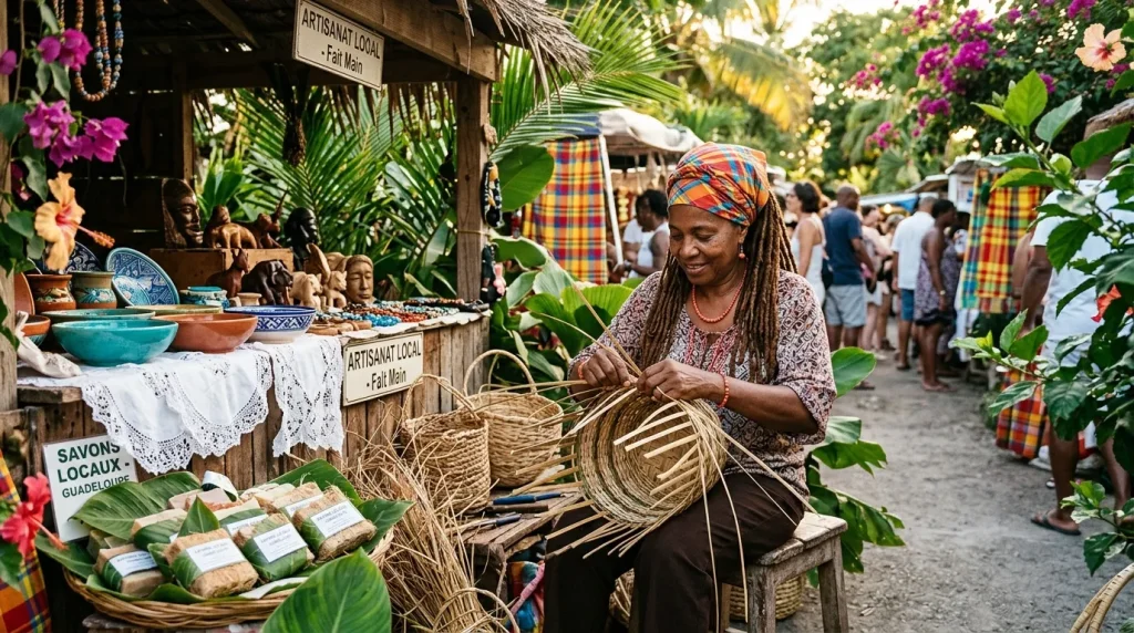 Femme tressant des paniers à un marché artisanal local