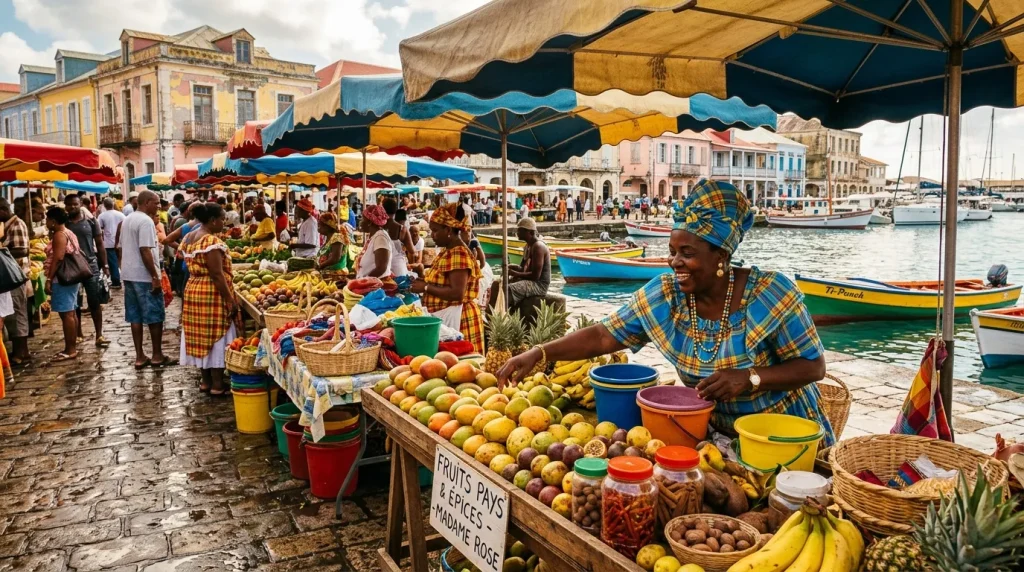 Marché tropical avec vendeurs, fruits, bateaux colorés en arrière-plan