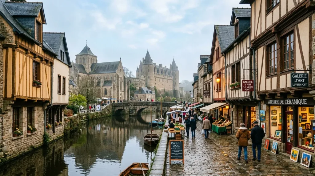 Rue pavée médiévale avec marché local, canal et château fortifié