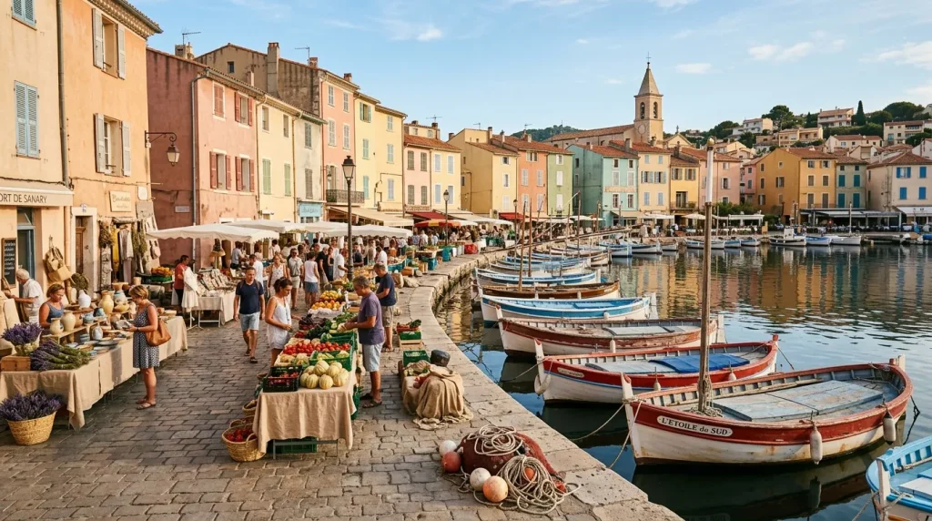Marché coloré au port méditerranéen avec bateaux de pêche