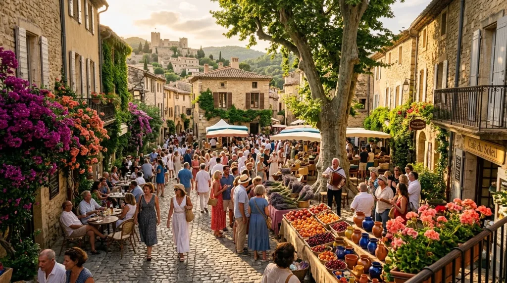 Marché coloré dans village médiéval italien avec fleurs et foule
