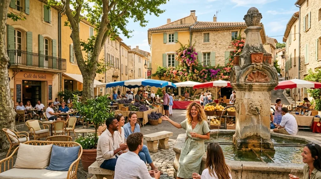 Place de village avec marché, fontaine, terrasse de café et habitants