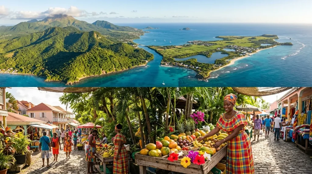 Marché coloré avec fruits tropicaux et vue côtière turquoise