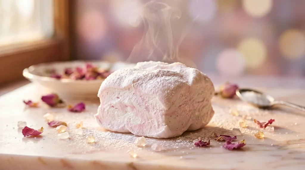 Meringue saupoudrée de sucre avec pétales de rose déshydratés