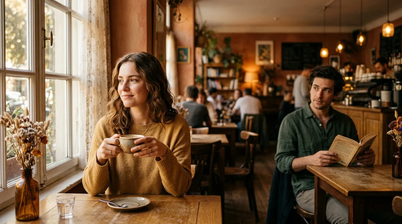 Femme avec café à la fenêtre d'un café accueillant