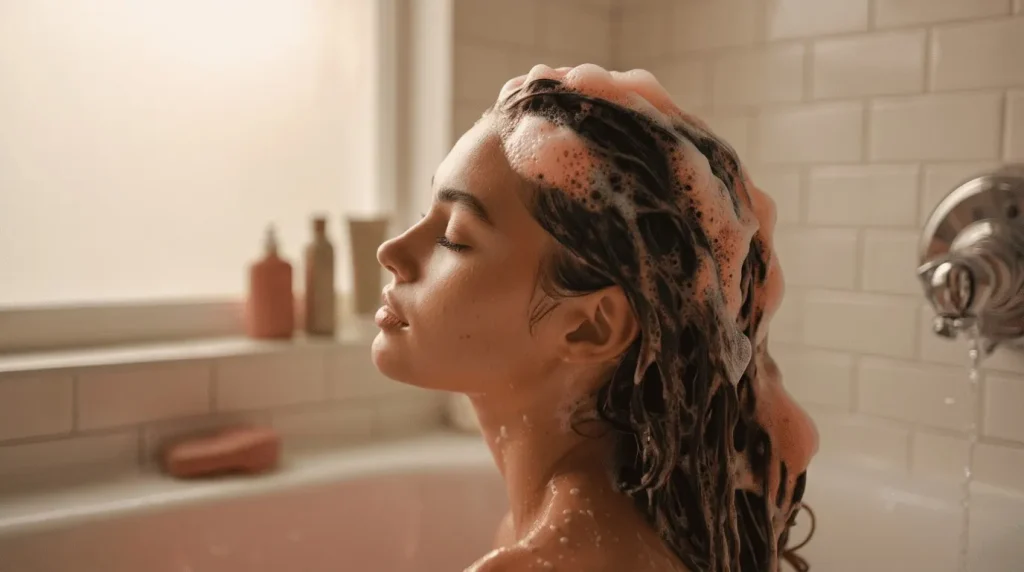 Femme se lavant les cheveux avec du shampoing sous la douche