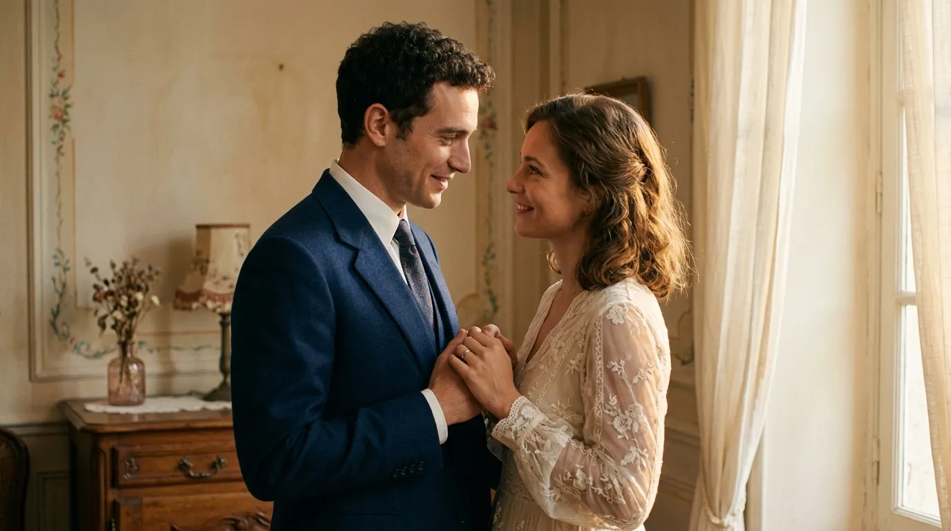 Homme en costume bleu et femme en robe blanche se regardent tendrement