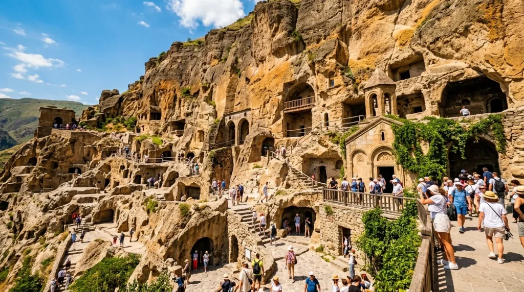 Ancien monastère creusé dans falaise rocheuse avec touristes