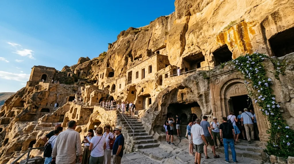 Monastère rupestre avec façades sculptées dans la roche et visiteurs