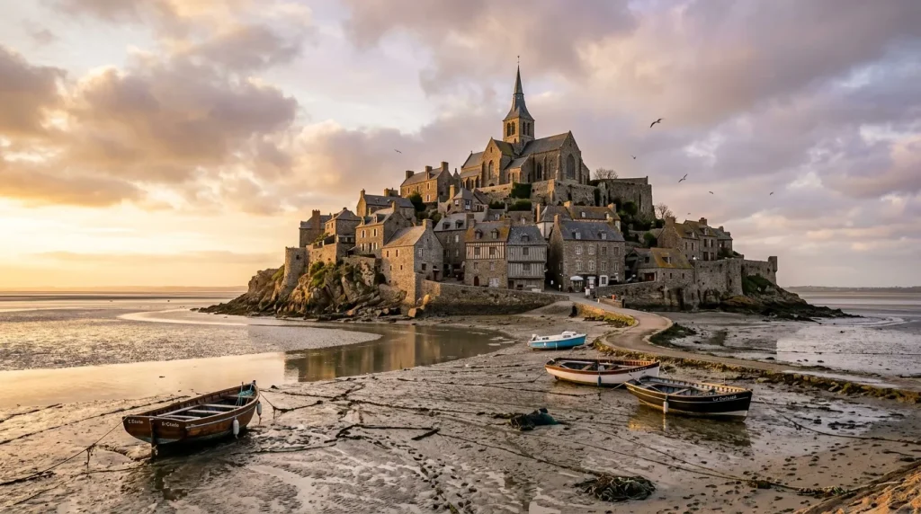 Abbaye médiévale sur îlot rocheux avec bateaux de pêche échoués