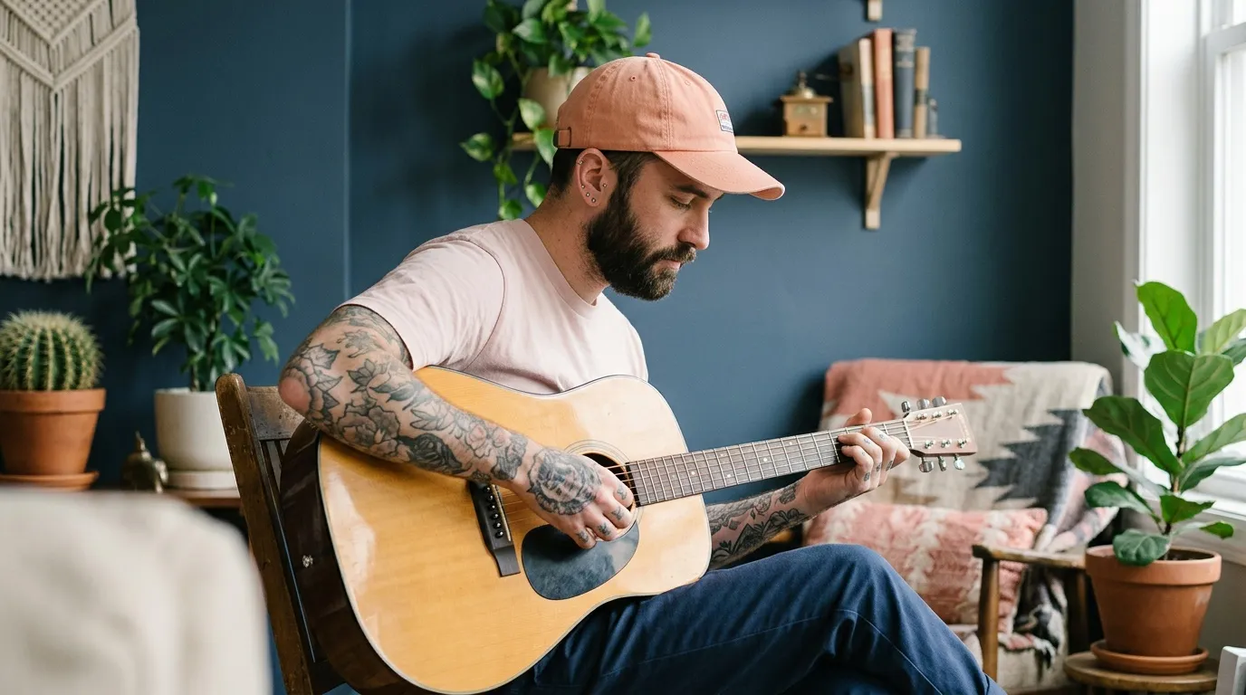 Homme avec casquette jouant de la guitare dans un intérieur végétal