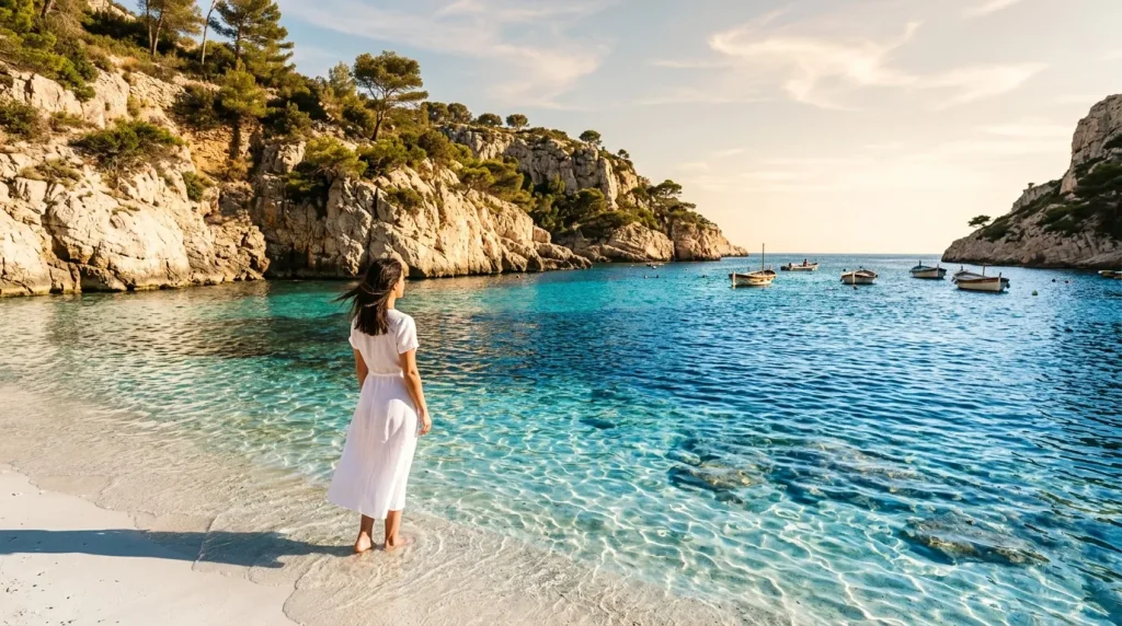 Femme en blanc admirant plage turquoise méditerranéenne