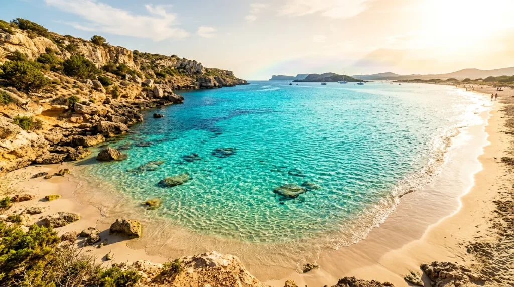 Plage de sable blanc avec eaux turquoise et falaises rocheuses