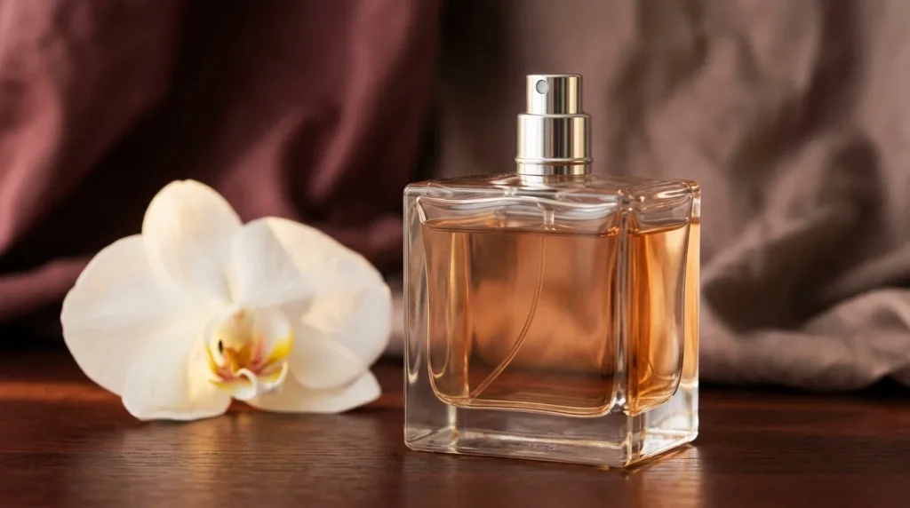 Bouteille de parfum ambre avec spray et fleur orchidée