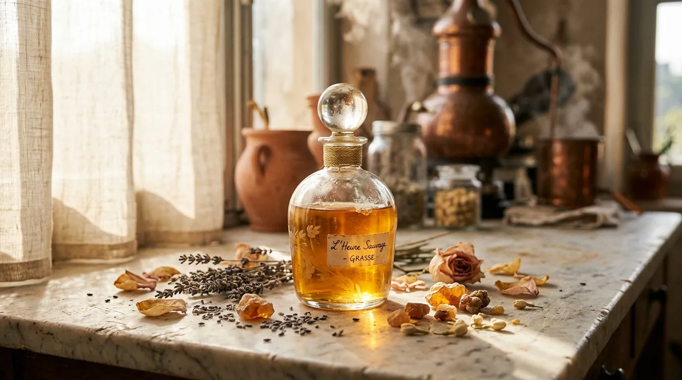 Flacon de parfum ambre sur rebord fenêtre avec fleurs séchées