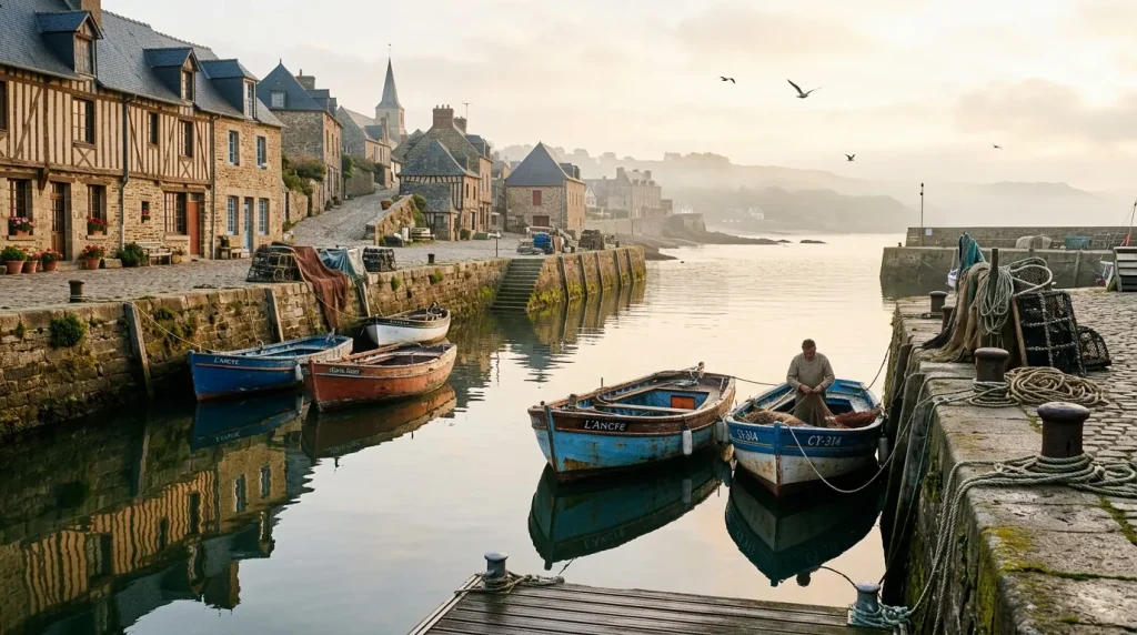 Bateaux de pêche amarrés dans un port côtier bretonné.