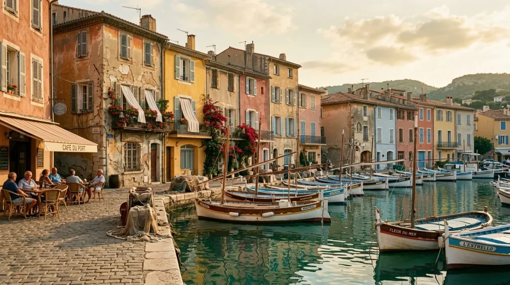 Village côtier avec bateaux, bâtiments colorés et café.