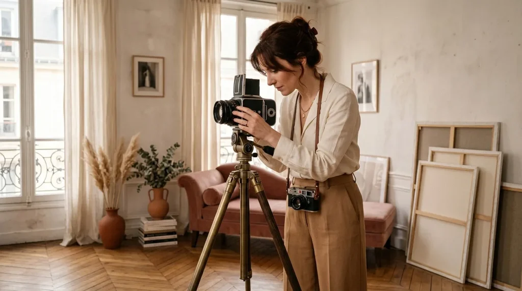 Femme photographe utilisant caméra ancienne sur trépied
