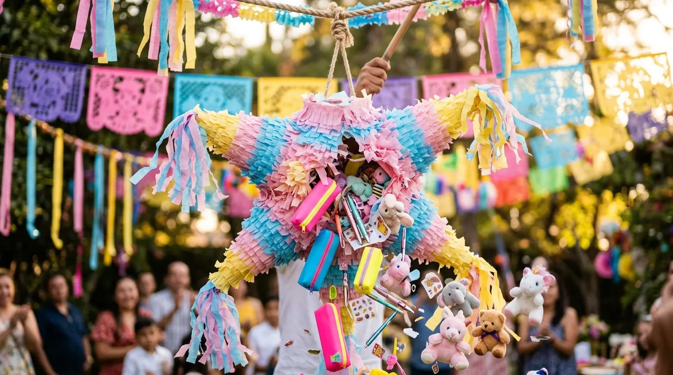 Piñata multicolore remplie de jouets et bonbons lors d'une fête
