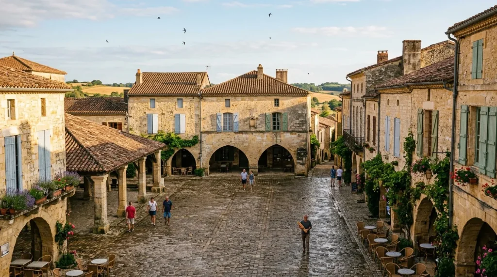 Village de pierre avec arcades et ciel bleu.