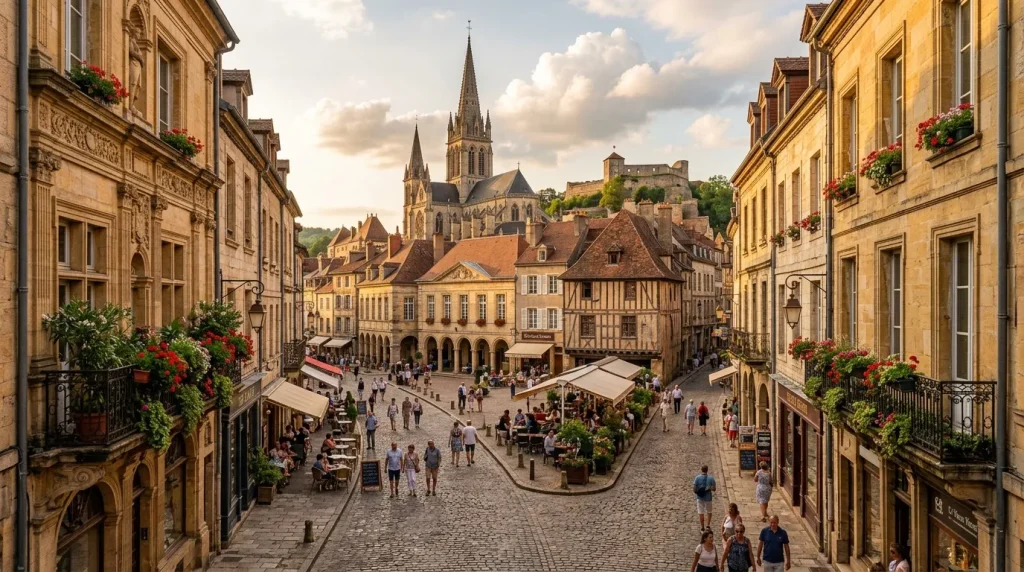 Vue aérienne d'une place pavée avec église gothique et maisons anciennes