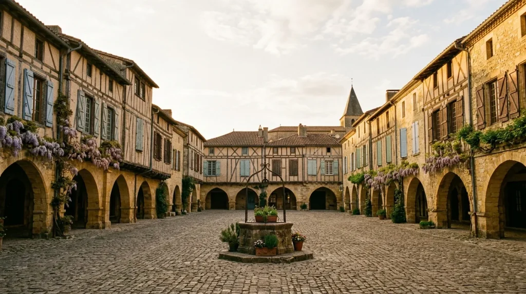 Place pavée entourée d'arcades médiévales et maisons à colombages
