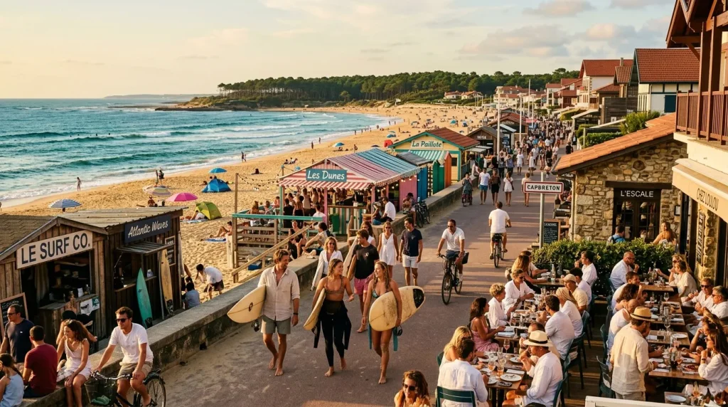 Plage bondée avec restaurants, surfeurs et baigneurs en été