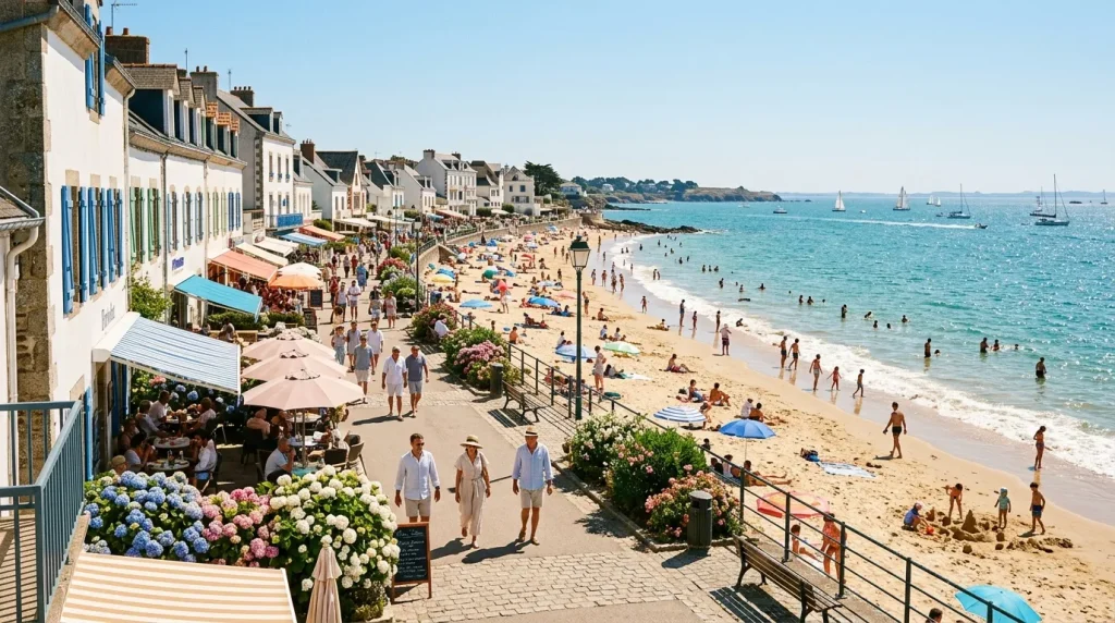 Plage animée avec maisons colorées, voiliers et touristes