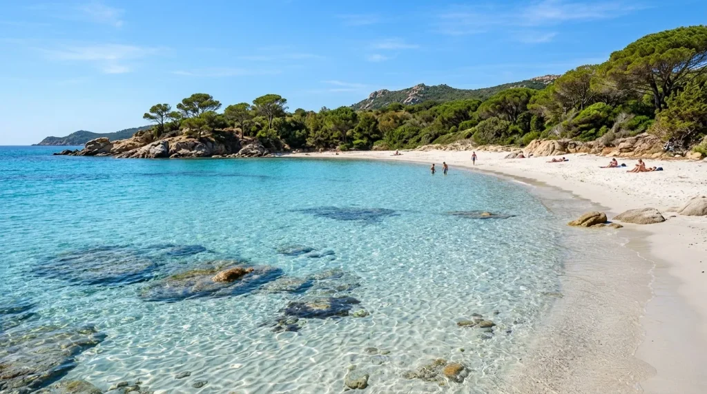 Plage de sable blanc avec eau cristalline turquoise et forêt méditerranéenne.