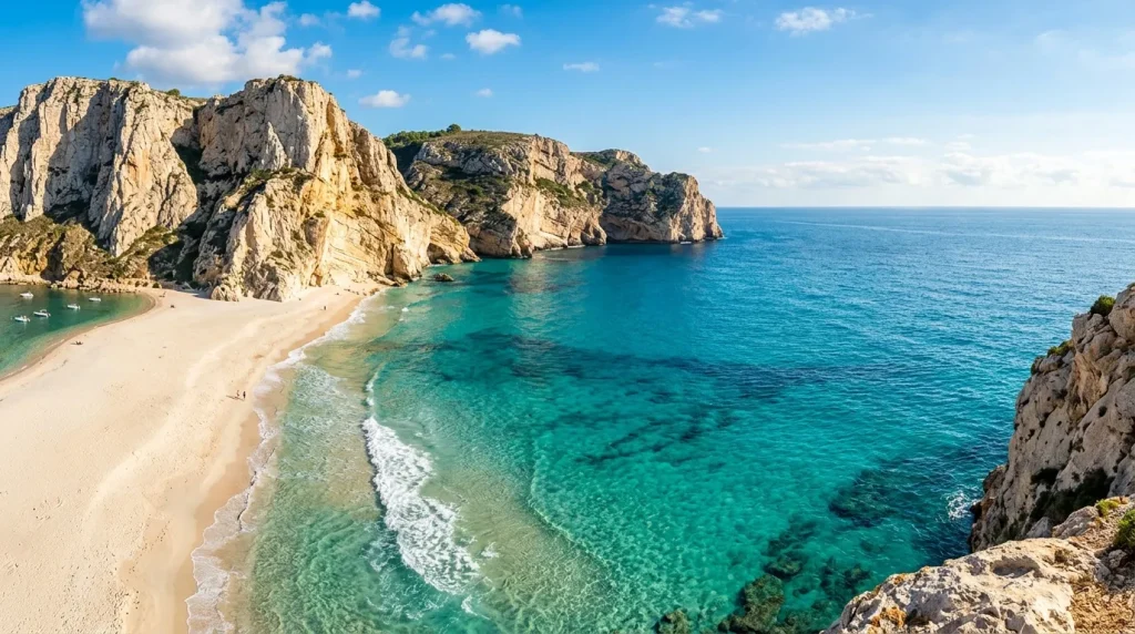 Plage de sable blanc entre falaises rocheuses et mer turquoise